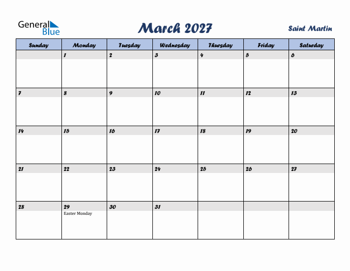 March 2027 Calendar with Holidays in Saint Martin
