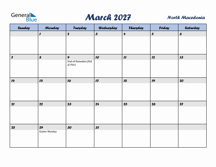 March 2027 Calendar with Holidays in North Macedonia