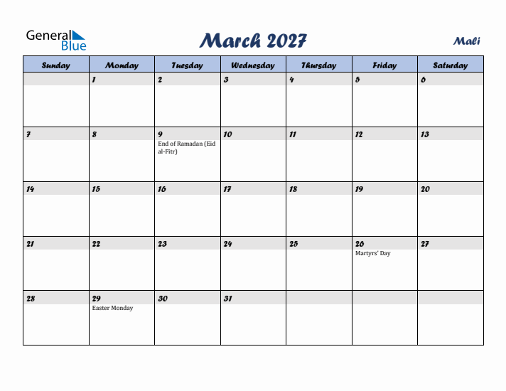 March 2027 Calendar with Holidays in Mali