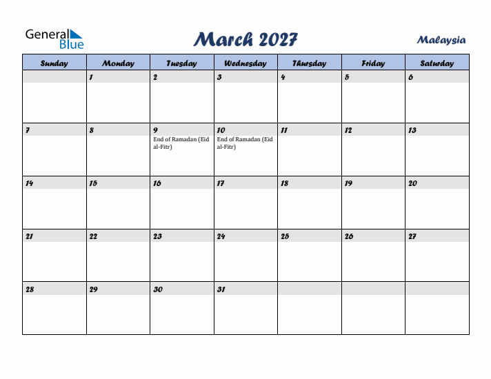 March 2027 Calendar with Holidays in Malaysia