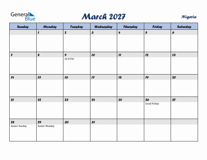 March 2027 Calendar with Holidays in Nigeria