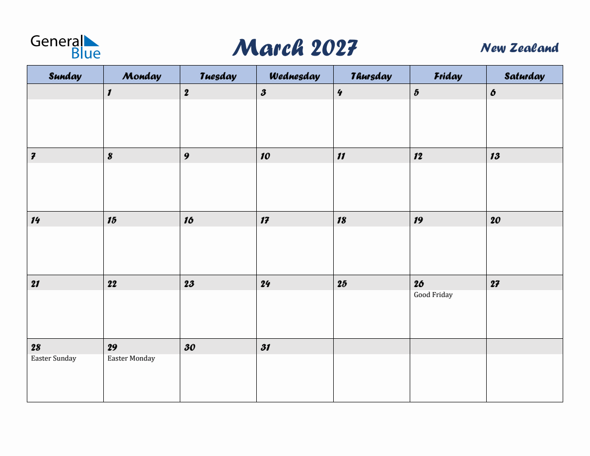 March 2027 Monthly Calendar Template with Holidays for New Zealand