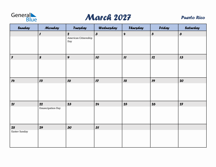 March 2027 Calendar with Holidays in Puerto Rico