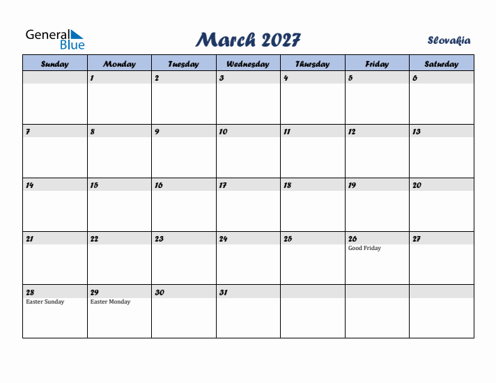 March 2027 Calendar with Holidays in Slovakia