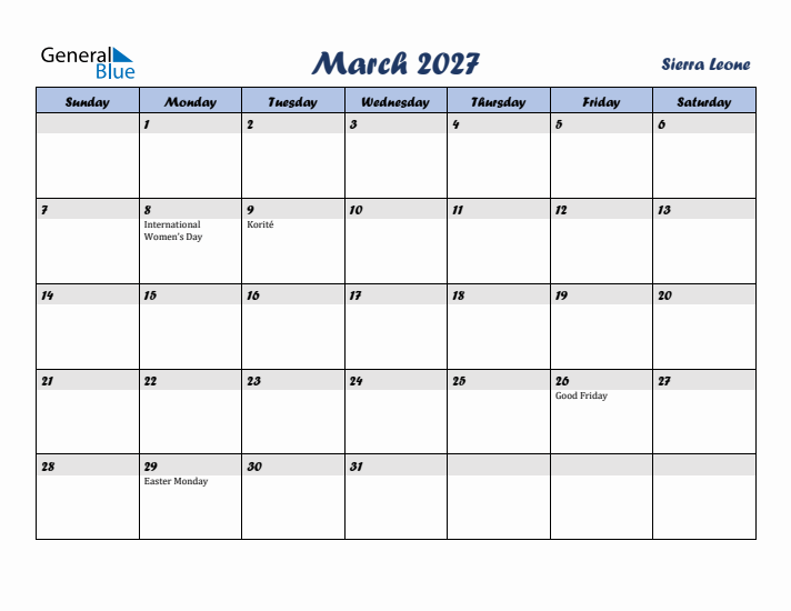 March 2027 Calendar with Holidays in Sierra Leone