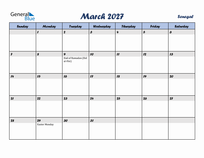 March 2027 Calendar with Holidays in Senegal