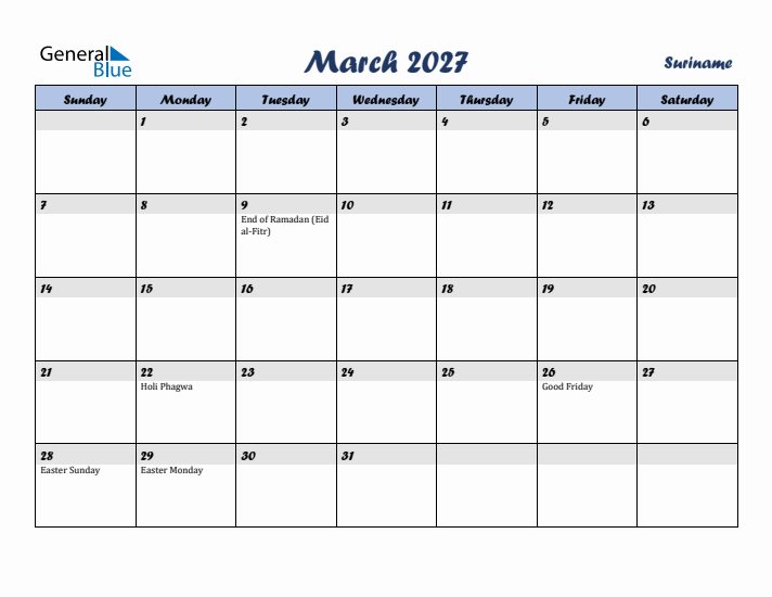 March 2027 Calendar with Holidays in Suriname
