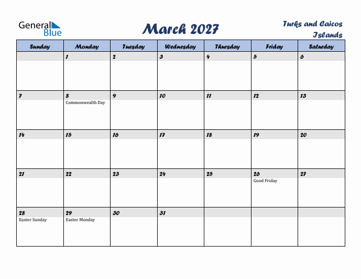 March 2027 Calendar with Holidays in Turks and Caicos Islands