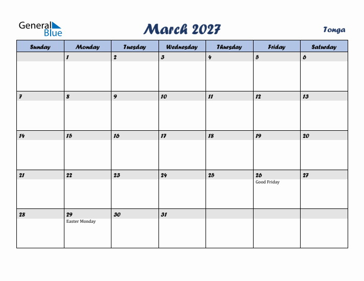 March 2027 Calendar with Holidays in Tonga