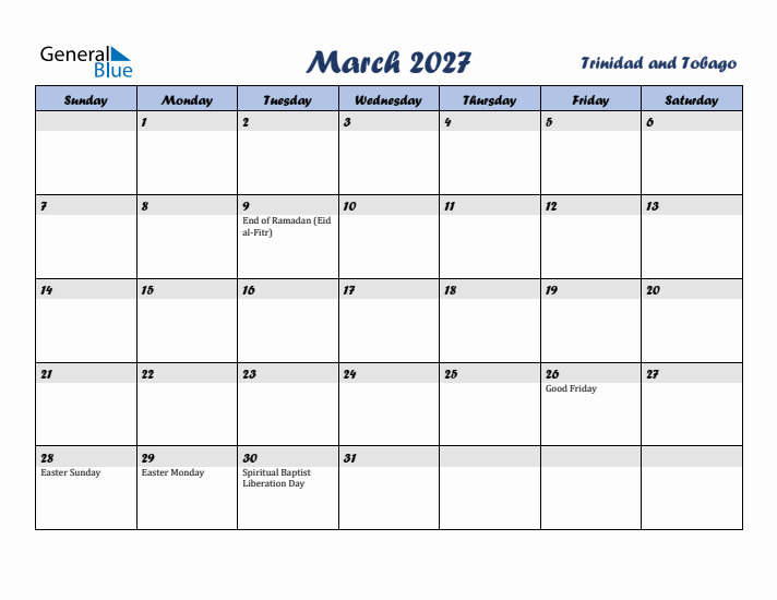 March 2027 Calendar with Holidays in Trinidad and Tobago