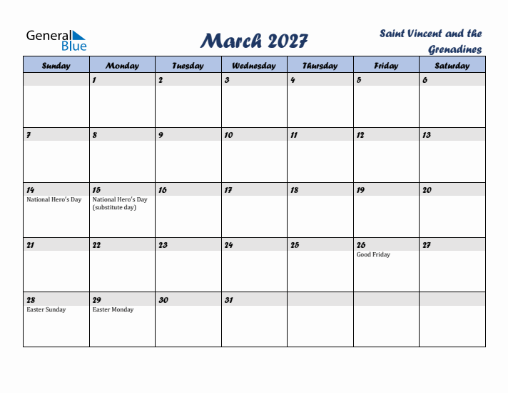 March 2027 Calendar with Holidays in Saint Vincent and the Grenadines