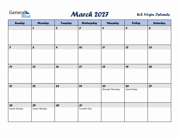 March 2027 Calendar with Holidays in U.S. Virgin Islands