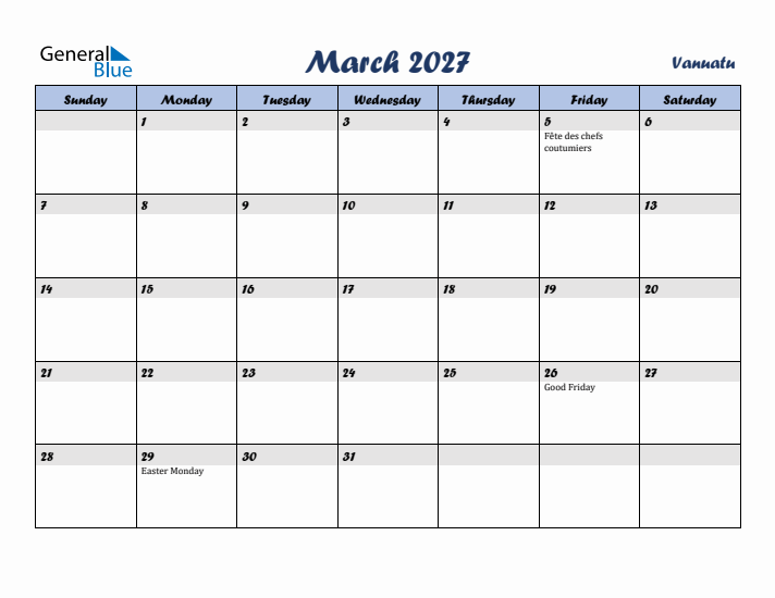 March 2027 Calendar with Holidays in Vanuatu