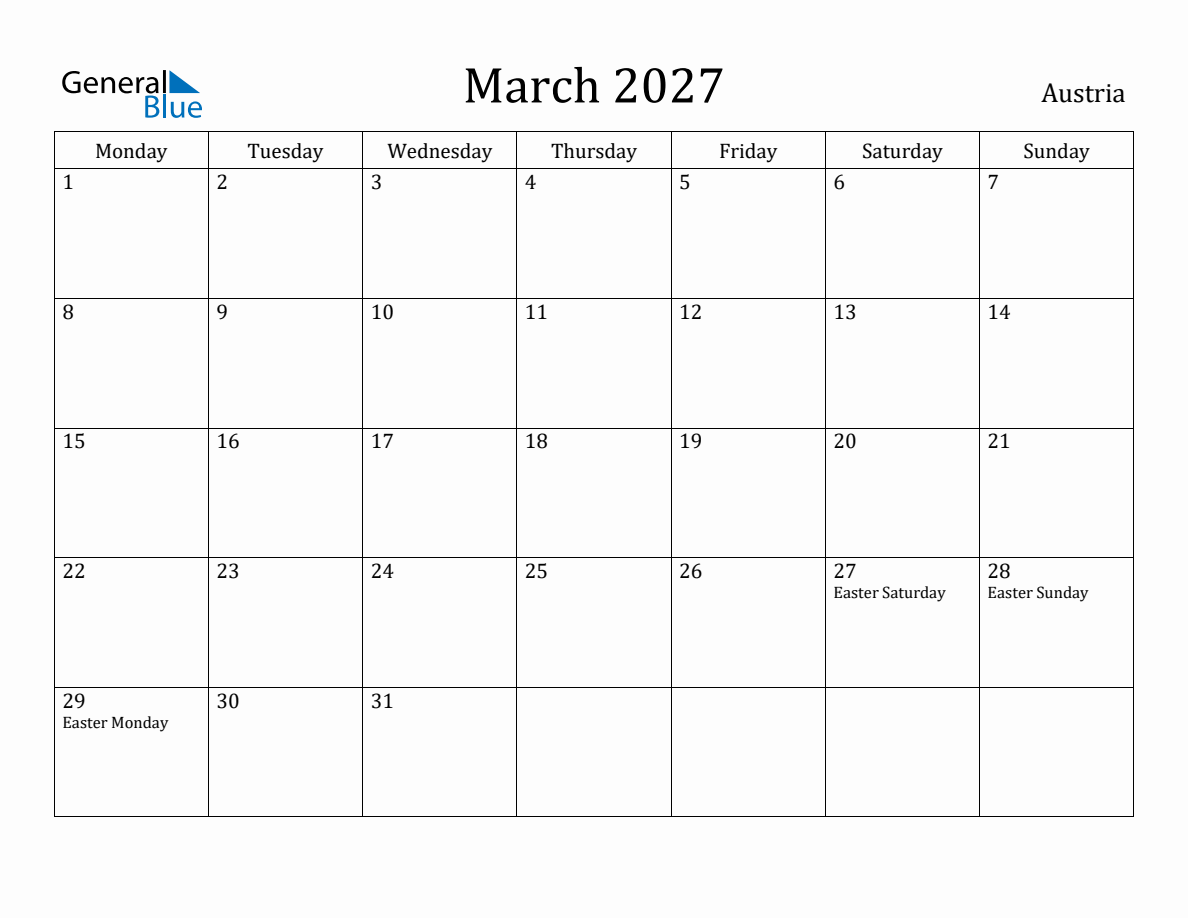 March 2027 Monthly Calendar with Austria Holidays March 2027 Monthly Calendar with Austria Holidays