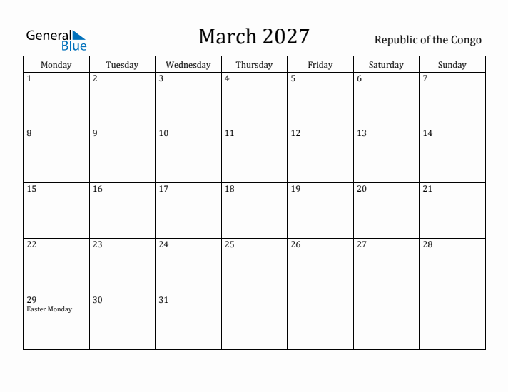 March 2027 Calendar Republic of the Congo