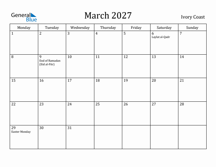 March 2027 Calendar Ivory Coast