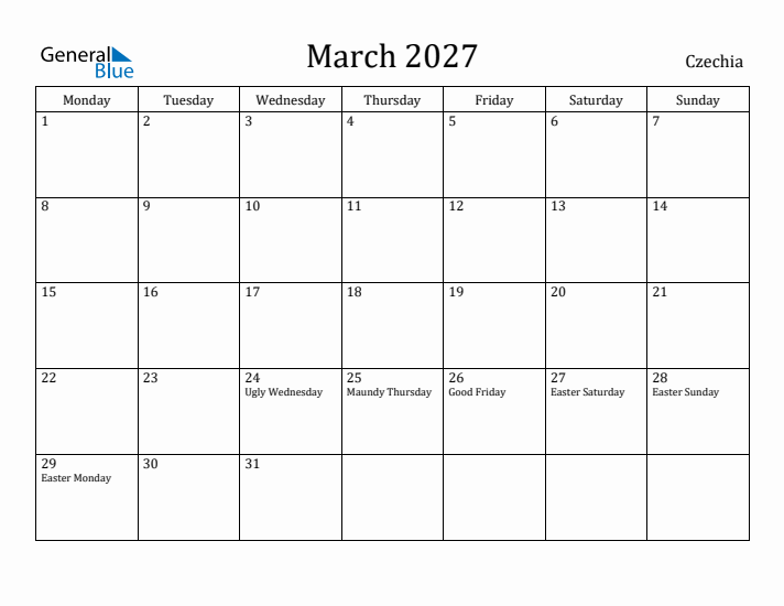 March 2027 Calendar Czechia