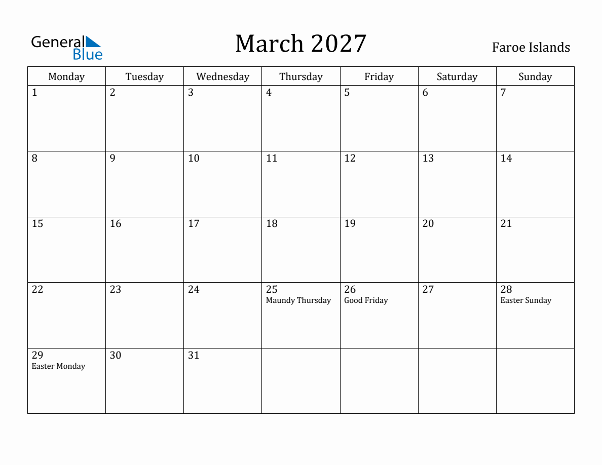 Faroe Islands Monthly Calendar - March 2027 (Monday Start)