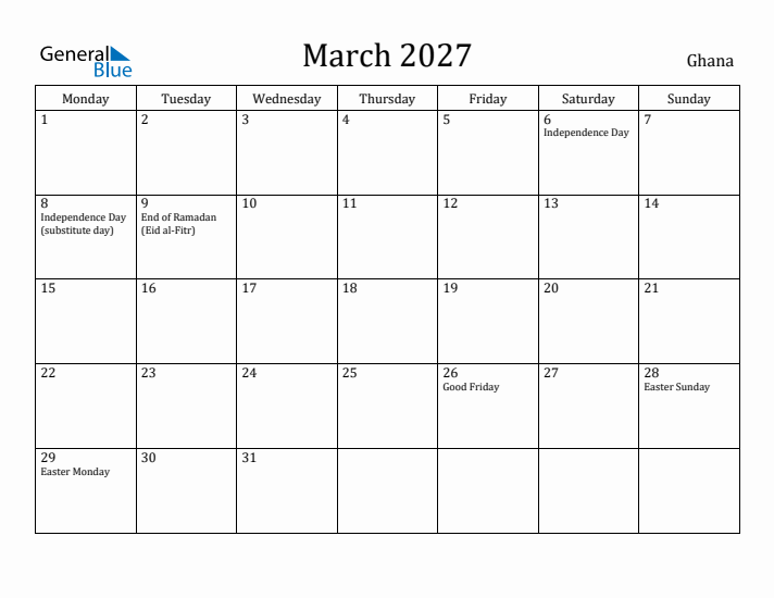 March 2027 Calendar Ghana