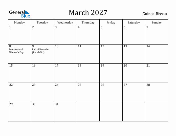 March 2027 Calendar Guinea-Bissau