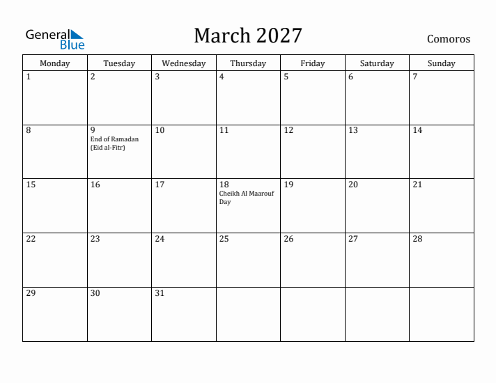 March 2027 Calendar Comoros
