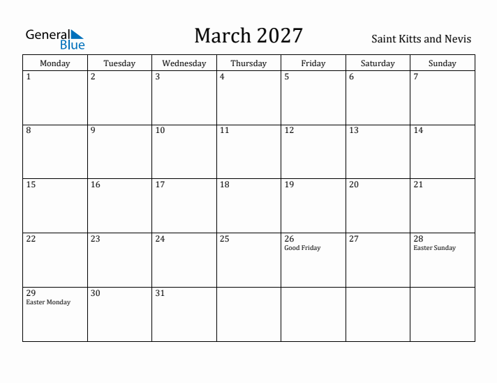 March 2027 Calendar Saint Kitts and Nevis
