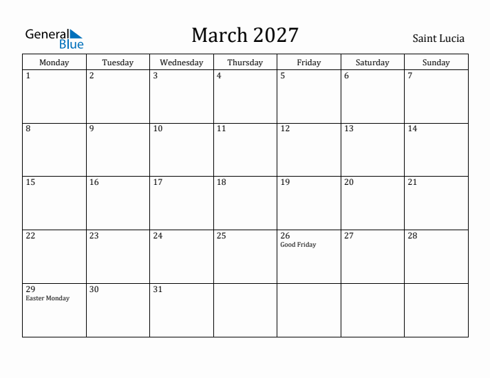 March 2027 Calendar Saint Lucia