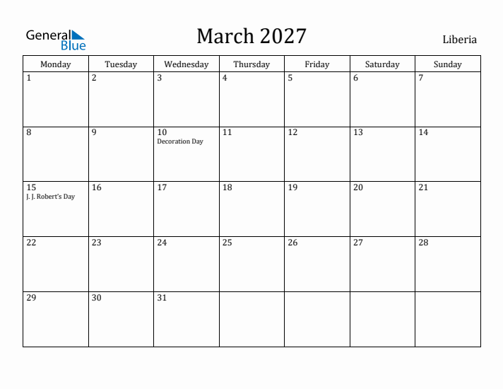 March 2027 Calendar Liberia
