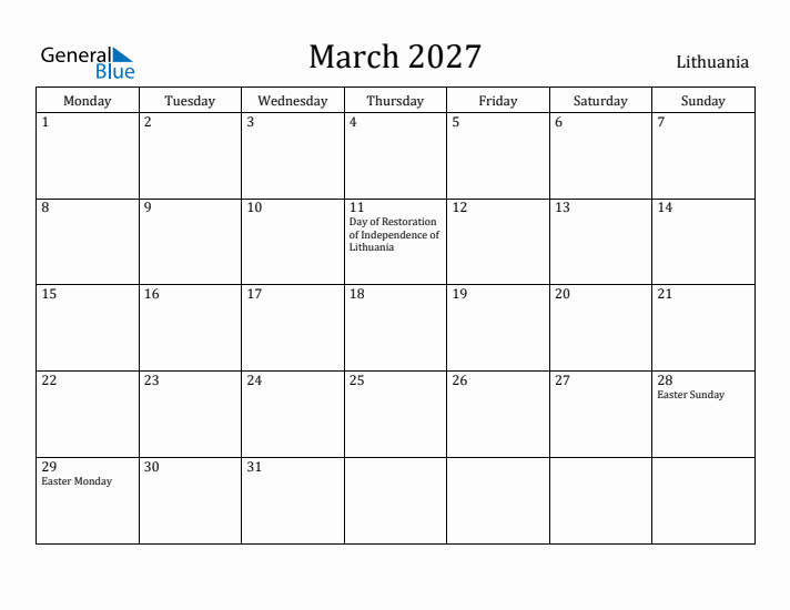 March 2027 Calendar Lithuania
