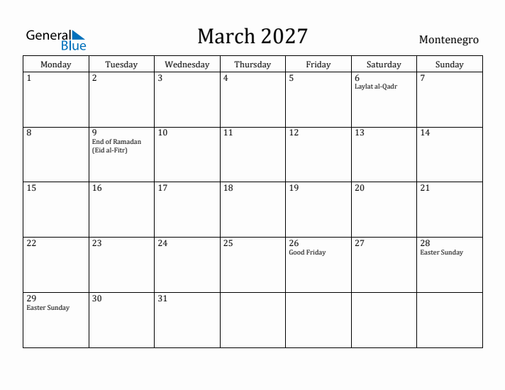 March 2027 Calendar Montenegro