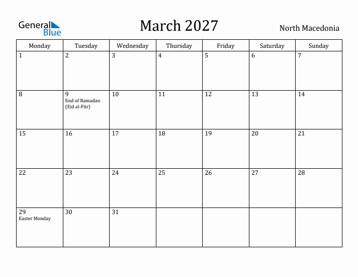 March 2027 Calendar North Macedonia