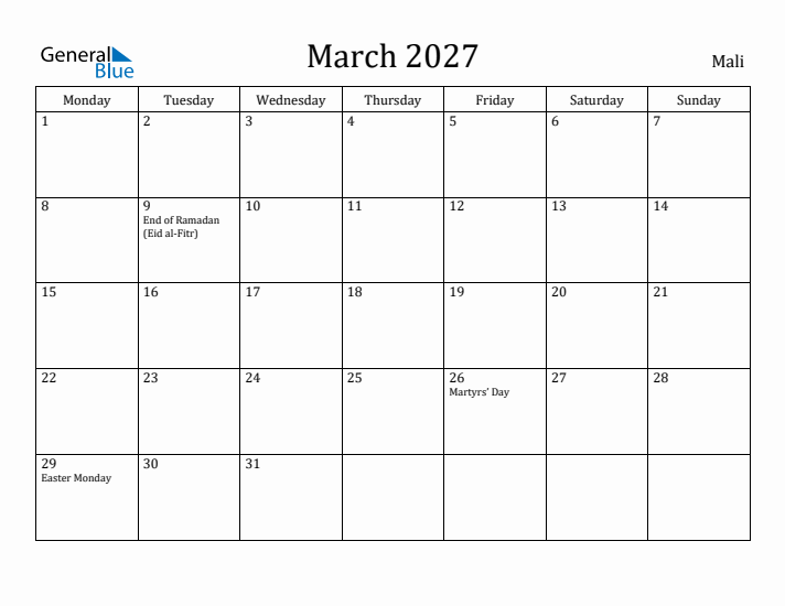 March 2027 Calendar Mali