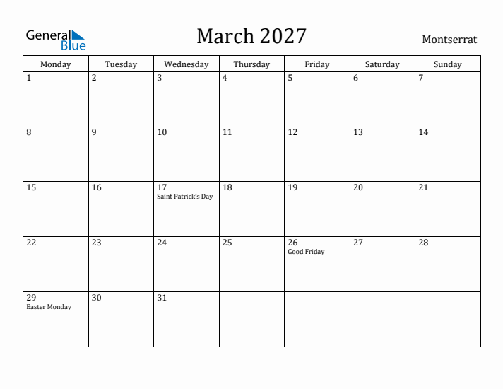 March 2027 Calendar Montserrat