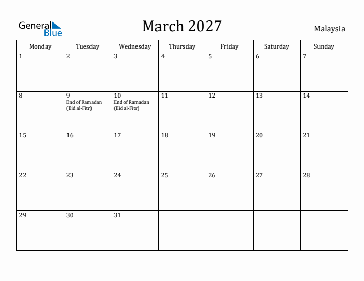 March 2027 Calendar Malaysia