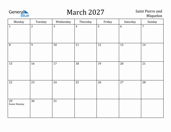 March 2027 Calendar Saint Pierre and Miquelon