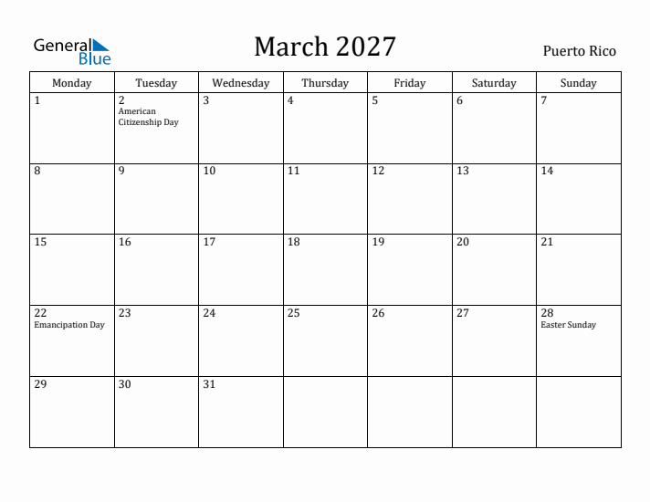March 2027 Calendar Puerto Rico