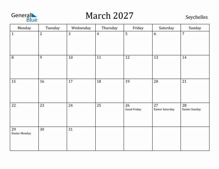 March 2027 Calendar Seychelles