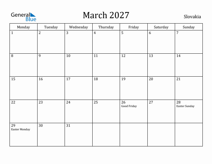 March 2027 Calendar Slovakia