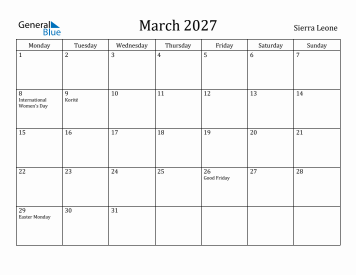 March 2027 Calendar Sierra Leone