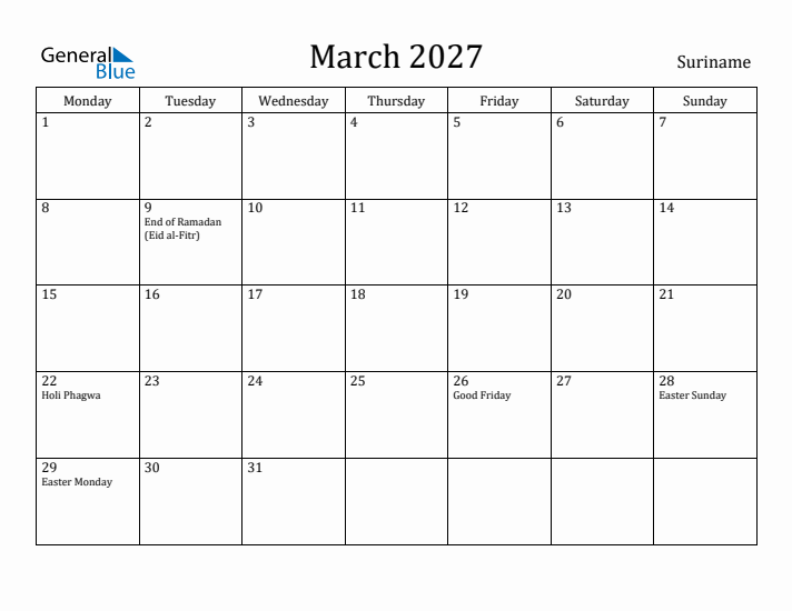 March 2027 Calendar Suriname