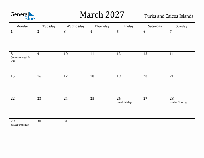 March 2027 Calendar Turks and Caicos Islands