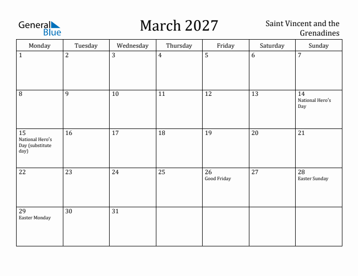 March 2027 Calendar Saint Vincent and the Grenadines