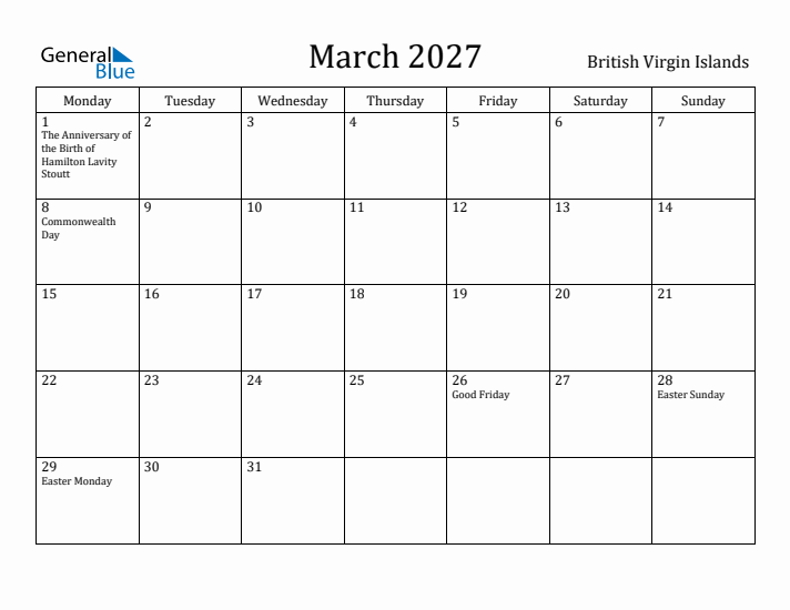 March 2027 Calendar British Virgin Islands