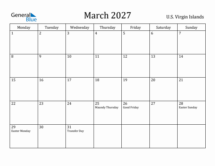 March 2027 Calendar U.S. Virgin Islands