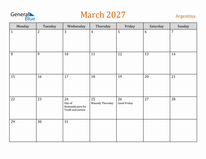 March 2027 Holiday Calendar with Monday Start
