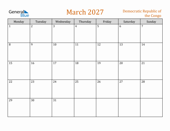 March 2027 Holiday Calendar with Monday Start