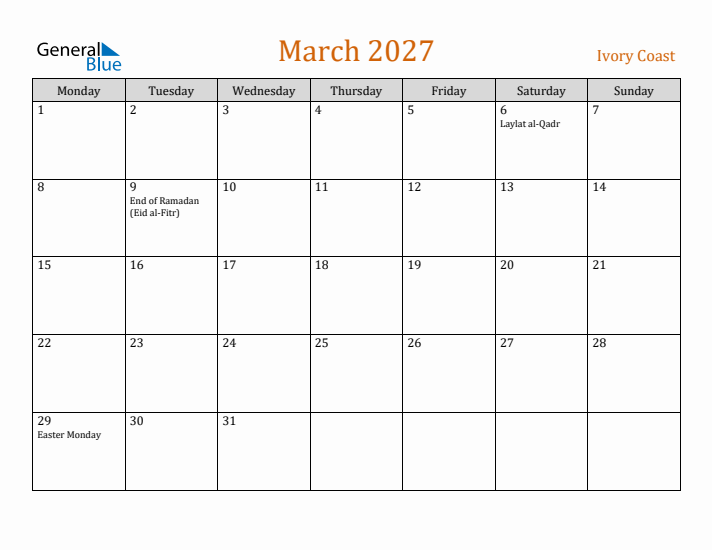 March 2027 Holiday Calendar with Monday Start