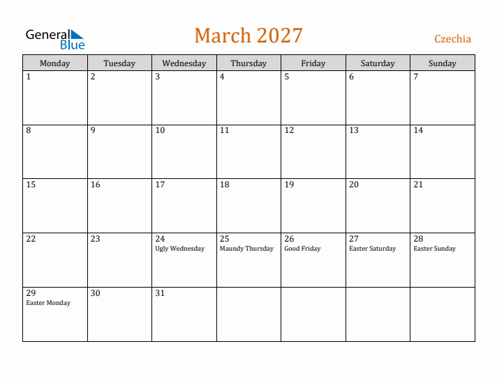 March 2027 Holiday Calendar with Monday Start