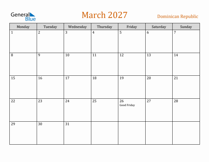 March 2027 Holiday Calendar with Monday Start