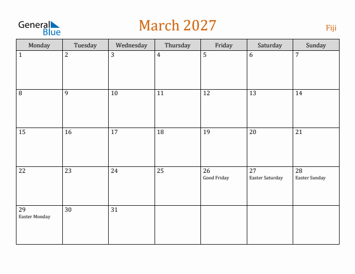 March 2027 Holiday Calendar with Monday Start